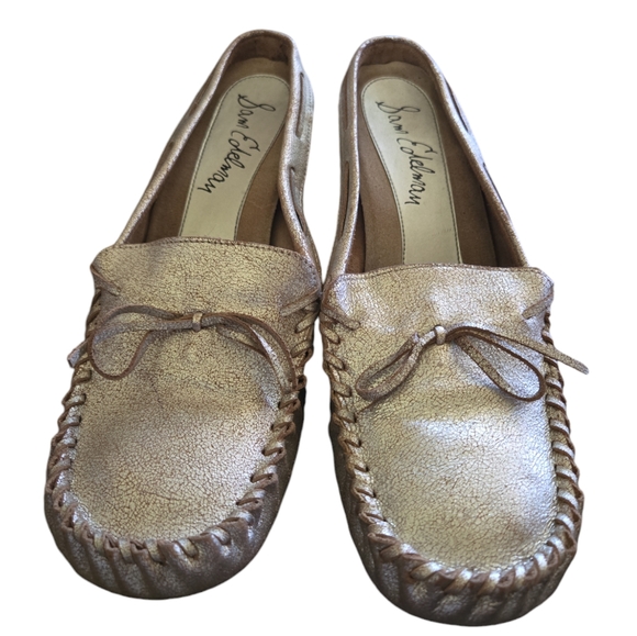 SAM EDELMAN LEATHER WOOD WEDGE MULE MOCCASINS IN DISTRESSED SILVER SIZE 9.5M - Picture 2 of 6